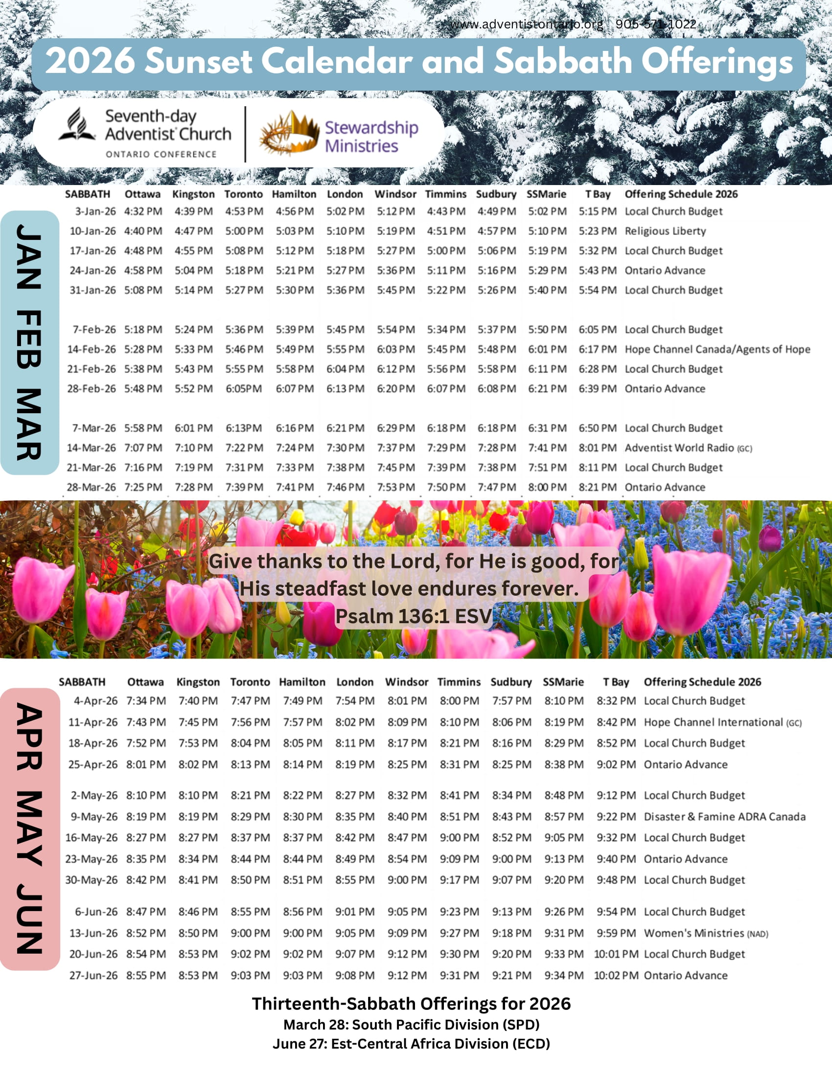 Ontario Conference Seventh-day Adventist Church - 2026 Sunset and Offering Calendar