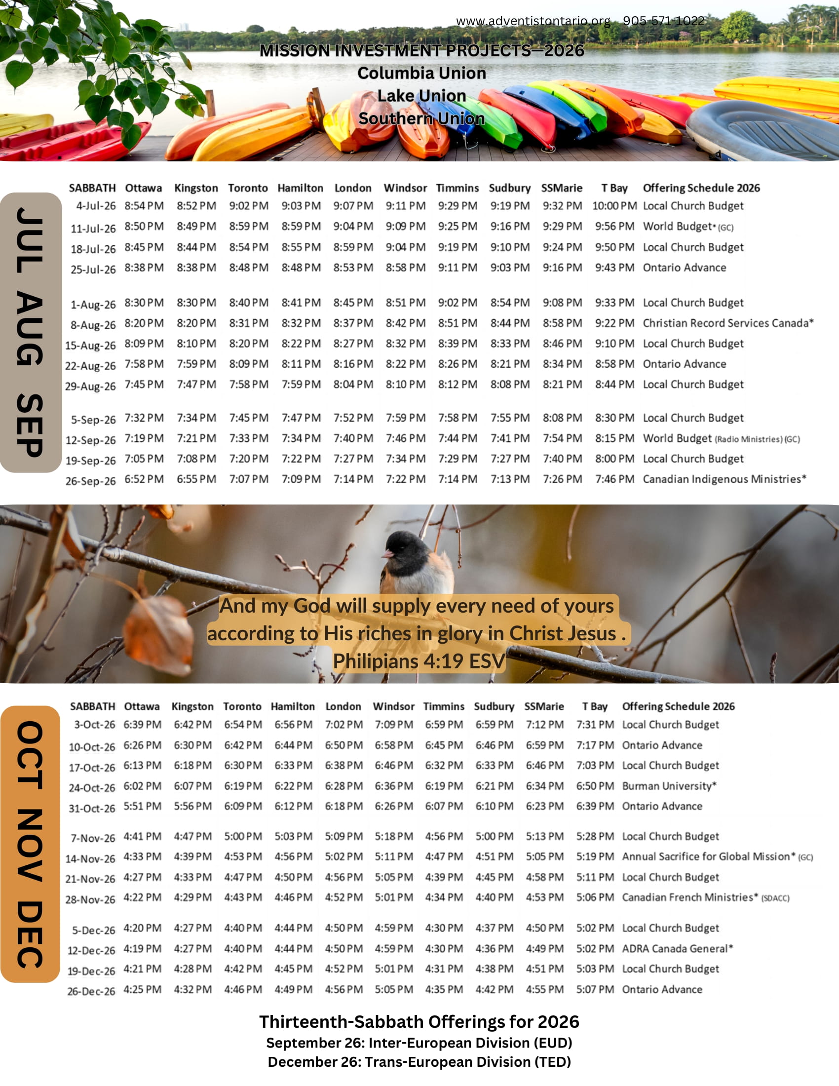 Ontario Conference Seventh-day Adventist Church - 2026 Sunset and Offering Calendar